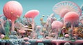 A vibrant alien ecosystem with pink and blue flora, featuring large spheres and intricate lifeforms