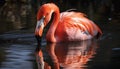 Vibrant American flamingo wades in tropical pond generated by AI