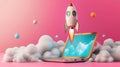 Rocket Launching From a Laptop Screen Surrounded by Fluffy Clouds on Pink Background Royalty Free Stock Photo