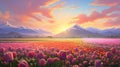 Vibrant Anime Art: Spring Tulips And Mountains At Sunset Royalty Free Stock Photo