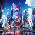 Vibrant anime city with neon lights and detailed architecture