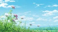 Vibrant Anime-inspired Pink Flowers In A Serene Green Field