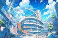 A Vibrant Anime Landscape Embracing Futuristic Technology With Summery Atmosphere
