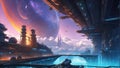 vibrant anime panorama: spaceship and industrial marvel. ai generated