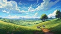 Vibrant Anime Art: Grassy Hills And Playful Sheep