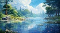 Dreamlike Anime Art: Impressionistic Oil Illustration Of A Blue River