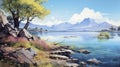 Serene Watercolor Landscape Illustration Of Lake Of Mexico