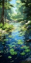 Vibrant Anime Illustration Of A Lake With Water Lilies And Trees