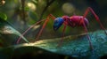 Extreme Close-Up of a Red and Blue Ant with Detailed Texture on a Leaf Royalty Free Stock Photo