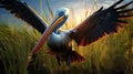 Vibrant Anthropomorphic Pelican In High-energy Flight Over Grass Field