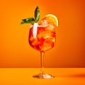A vibrant Aperol Spritz cocktail garnished with orange slice and ice cubes