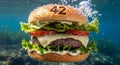 Refreshing \'42\' Gourmet Burger Submerged Underwater with Bubbles Royalty Free Stock Photo