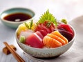 Fresh Sashimi Rice Bowl With Salmon Tuna And White Fish Garnished With Wasabi And Perilla Leaves Served With Soy Sauce Royalty Free Stock Photo