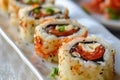 A vibrant and appetizing plate of sushi, showcasing an array of colorful rolls, fresh fish, and artistic presentation Royalty Free Stock Photo