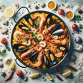 Seafood Paella in Pan on Rustic Background, AI Generated