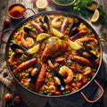 Traditional Spanish Paella with Seafood, AI Generated