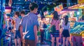 Vibrant arcade nightlife scene with youthful crowd