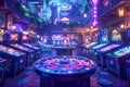 Vibrant Arcade Room with Neon Lights and Video Game Machines at Night Colorful Entertainment Venue Royalty Free Stock Photo