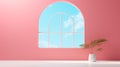 Vibrant Arched Window In Pink Room With Plant - 3d Illustration