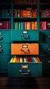 Vibrant archive cabinet, organized with colorful folders and important documents