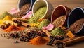 Vibrant Assortment of Aromatic Spices and Herbs on Wood Royalty Free Stock Photo