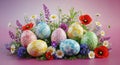 A vibrant arrangement of colorful Easter eggs surrounded by blooming flowers on a pink background Royalty Free Stock Photo