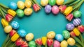 Colorful easter eggs and tulips Royalty Free Stock Photo