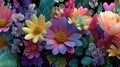 A vibrant arrangement of digitally-rendered flowers showcases a diverse array of