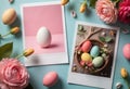 Colorful Easter eggs displayed in polaroid frames with flowers Royalty Free Stock Photo