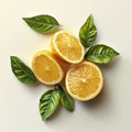 Fresh lemons and basil leaves arrangement on a white surface view top  isolated on white background Royalty Free Stock Photo