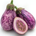 Fresh raw graffiti eggplants whole and halved showcasing seeds on a light color plain background Royalty Free Stock Photo