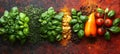 Vibrant arrangement of fresh basil, dried herbs, spices, and vegetables on textured surface. Royalty Free Stock Photo