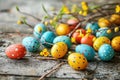 Colorfully Painted Easter Eggs Scattered on Rustic Wooden Table Surrounded by Spring Blossoms