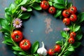 A vibrant arrangement of ripe tomatoes and fresh herbs forms a captivating circular frame, adorned with delicate blossoms, Royalty Free Stock Photo