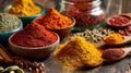 Vibrant array of aromatic spices displayed in rustic bowls and spoons. Royalty Free Stock Photo