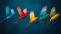 A vibrant array of colorful birds in flight