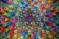 A vibrant array of colorful cubic structures interconnected within a complex network, forming a mesmerizing three-dimensional Royalty Free Stock Photo