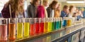 A Vibrant Array of Colorful Liquid Samples Showcasing Various Chemical Reactions in a Classroom Experiment Setting Royalty Free Stock Photo