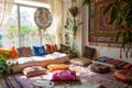 A vibrant array of colorful pillows cover the floor of a bohemian living room, Bohemian living room with floor cushions and