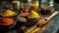 Vibrant array of diverse culinary spices in rustic bowls and glass jars Royalty Free Stock Photo