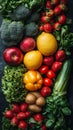 Vibrant array of fresh fruits and vegetables on rustic background Royalty Free Stock Photo