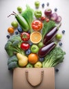Vibrant array of fresh produce spilling from a paper bag. Generative AI