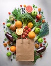 Vibrant array of fresh produce spilling from a paper bag. Generative AI