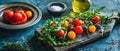 The vibrant array of fresh tomatoes and arugula on a rustic wooden board. AI generated image Royalty Free Stock Photo