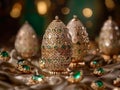 A vibrant array of gold and green ornaments rest elegantly on a table, showcasing intricate designs and shimmering