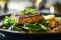 Vibrant array of greens around spiced tofu steak