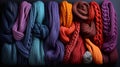 A group of colorful knitted scarves background