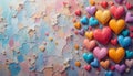 A vibrant array of multicolored heart shapes arranged diagonally on a textured blue surface. Royalty Free Stock Photo