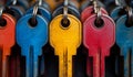 Colorful collection of old keys on a keyring