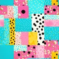A vibrant array of patchwork squares pops in candy colors, merging playful leopard spots with bold polka dots and
